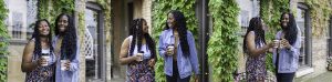 three images of two women walking and talking outside with coffee
